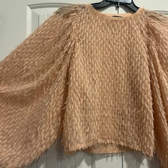 Zara Salmon Pink Balloon Sleeve Feather Blouse Women’s Size S - Picture 5 of 7